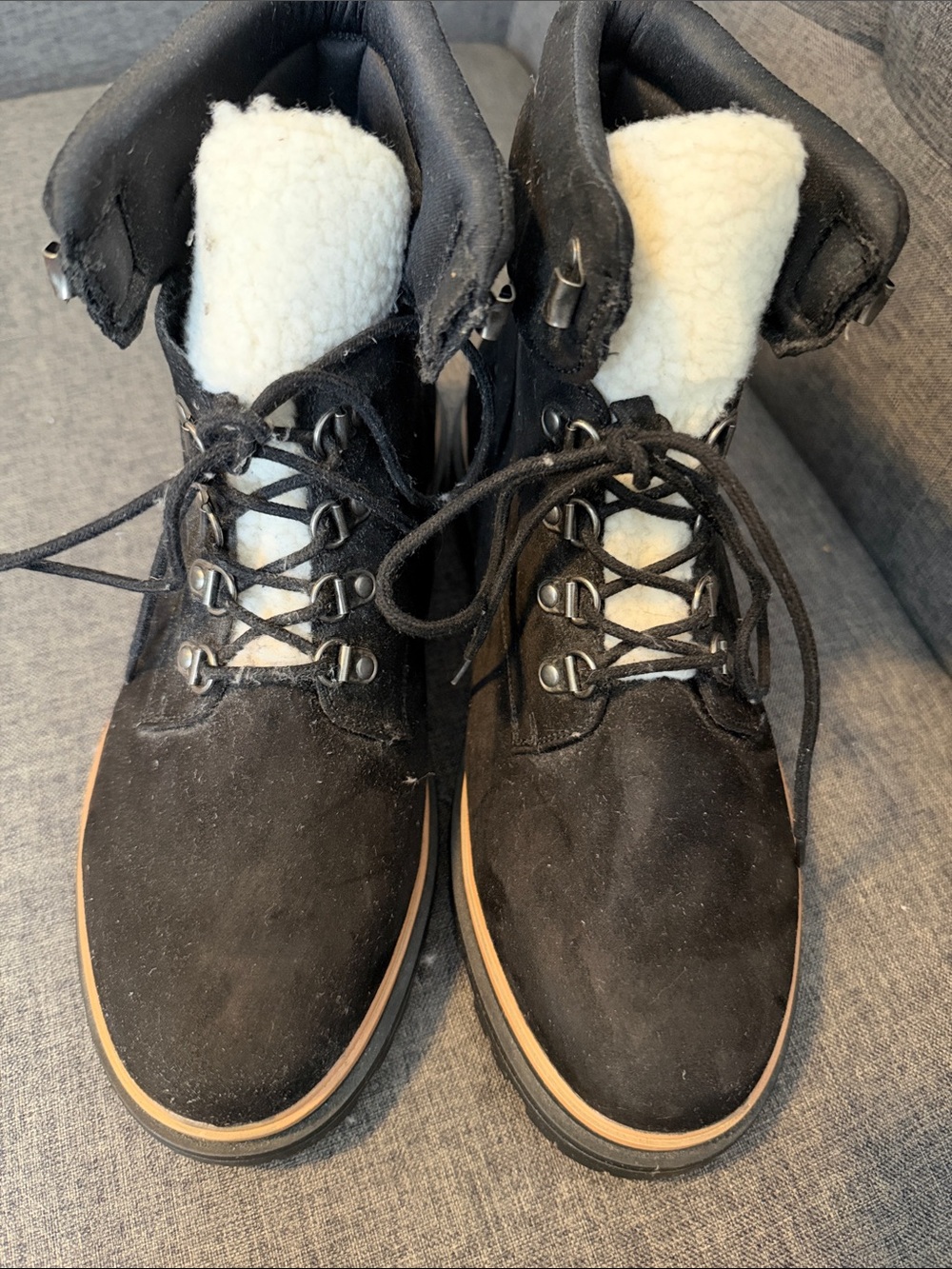 torrid Black Suede Lace-Up Ankle Booties with Cream Shearling Tongue